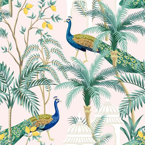 VaryPaper Papier Peint Peacock et Jungle Tropicale 44.5cmx200cm Rouleau Adhesif Decoratif Vintage Film Adhesif pour Meuble Stickers pour Porte Placard Armoire Papier Peint Salon Chambre Couloir Mural