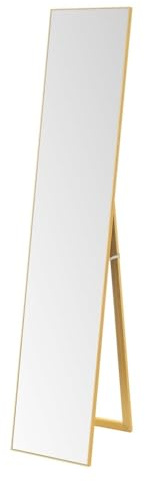 LOLAhome Espejo de pie de cuerpo entero con marco de madera dorado de 151x31 cm. Soporte Plegable. Ideal para Vestidor, Dormitorio y Entrada. Diseño moderno y estable.