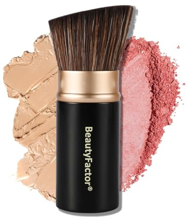 Retractable Kabuki Makeup Brush, Angled Top Travel Makeup Brush Portable Powder Brushe for Liquid Cream and Powder Face With Aluminum Handle