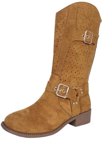 Nuqqichongtian Botines para mujer, botas de vaquero de ante con patrón de agujeros, botines bajos, elegantes