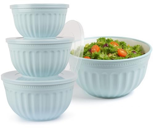 Salatschüssel Set mit Deckel, Große Rührschüssel Set 4 Teilig 2L/3L/4L/6L - Blau Stapelbar Große Schüsseln für Küche aus Premium Kunststoff BPA Frei, Geeignet für Spülmaschine und Mikrowelle