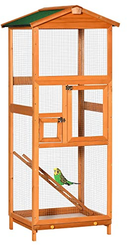 PawHut Cage à Oiseaux Grande Taille en Bois Massif, volière avec Toit en Asphalte, 2 Portes et tiroir Amovible, 68 x 63 x 165 cm, Orange