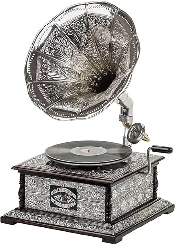 Réplica de fonógrafo de gramófono vintage antiguo de 78 RPM, madera y latón, pieza decorativa con un disco de demostración y cinco agujas 4wp