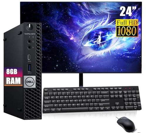 Dell Optiplex 5070 Mini avec Un écran de 24 FHD Ordinateur de Bureau, Intel Core i5-8500T, 8 Go de RAM, SSD de 256 Go, Wi-FI, Bluetooth, Clavier QWERTY américain, Windows 11 Pro (Reconditionné)