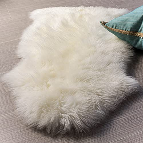 Alfombra de piel de oveja auténtica y esponjosa de alta calidad, suave para dormitorio/sala de estar, color blanco cremoso natural, grande de 2 x 3 pies, piel de oveja individual acogedora Super Area
