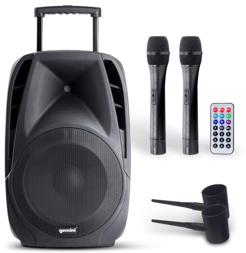 Gemini Sound ES-15TOGO Wireless Portable Bluetooth Streaming Streaming Professionale DJ PA Carrello del Carrello Attivo Attivo con Jacks Dual MIC Scheda SD e Porta USB con 2 Bundle MIC Wireless