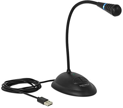 DeLOCK 65871 - Microfono a condensatore USB a collo di cigno per computer e notebook, plug & play, ideale per giocare, podcast, Skypes e canto, Nero