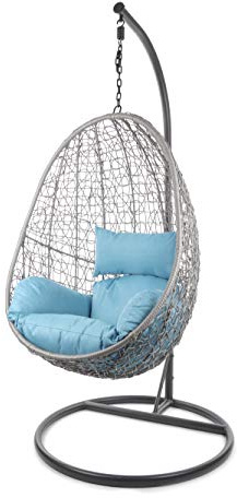 Kideo® set completo: poltrona sospesa con telaio e cuscino, per interni ed esterni, in rattan sintetico. Colore telaio e cesto: grigio. Cuscino: Nest, azzurro (5050 sky blue)
