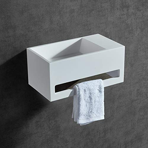 BERNSTEIN - Vasque Lavabo Rectangulaire suspendu Blanc mat 60x40x20cm Lave main mural fonte minérale + Porte-serviette & Bonde cache Blanc - Etagère à droite - Design, Robuste & Durable - TWG02