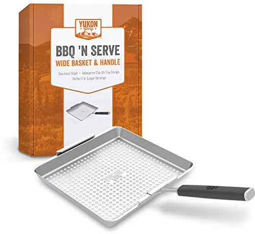 Yukon Glory™ BBQ 'N SERVE Wide BBQ Grill Basket The Grilling Basket Includes a Clip-On Handle - Perfect Grill Baskets for Outdoor Grill Vegetables or Fish Basket & Meat