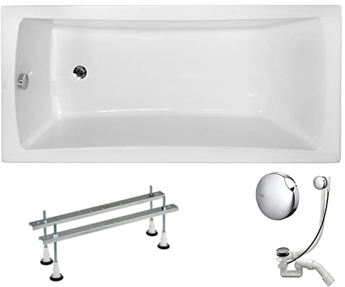VBChome Acryl Badewanne 170x70 cm Weiß Rechteck Wanne Siphon Wannenfüße Design Modern Ablaufgarnitur in Chrom