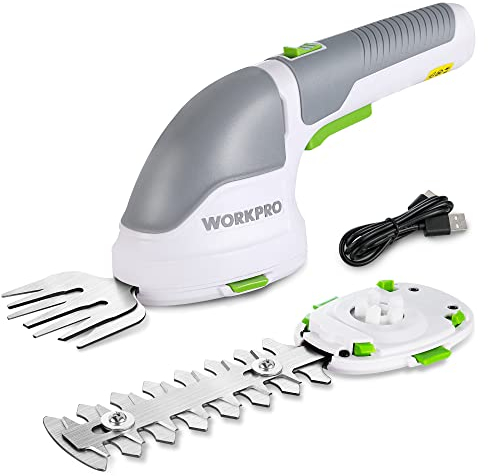 WORKPRO Tijeras Cortacésped y Arreglasetos 2 en 1, 3,6 V Cortasetos a Batería 2 Ah, Tijeras Arreglaseto con 2 Tipos de Cuchillas Ancho de Corte 75 mm, 118 mm, Herramienta para Jardín (Blanco)