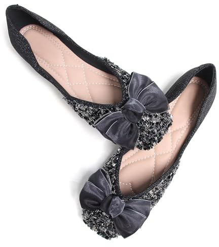 SAILING LU Womens Square Toe Shoes Bowknots Ballet Flats, J-black, 5.5 UK