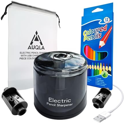 Auqla Electric Pencil Sharpener 2024 Upgrade with 12 Coloured Pencils Set and Gift Bag Bundle. 2 Year Warranty, Premium, USB or Battery Operated - Black - Kids and Adult use.