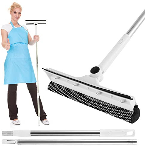 Kit Lavavetri Telescopico, 2 in 1 Pulisci Vetri con Testina Girevole 180°, Trgivetro per Doccia con 134cm Manico Estensibile, Spazzola di Pulizia per Finestre Alte per Interni/Esterni