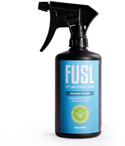 FUSL Edelstahlreiniger 500ml - für Haushalt, Küche, Handwerk & Gastro - Edelstahl Reiniger streifenfrei, effektiv gegen Fett & Schmutz - auch für Aluminium, Chrom, Kupfer – Made in Germany