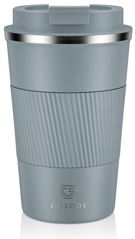 CS COSDDI Travel Mugs, Insulated Coffee Cup with Leakproof Lid - Reusable Coffee Cups Travel - Car Coffee Cup - Stainless Steel Coffee Mug for Hot and Cold Water(Grey, 380ml)