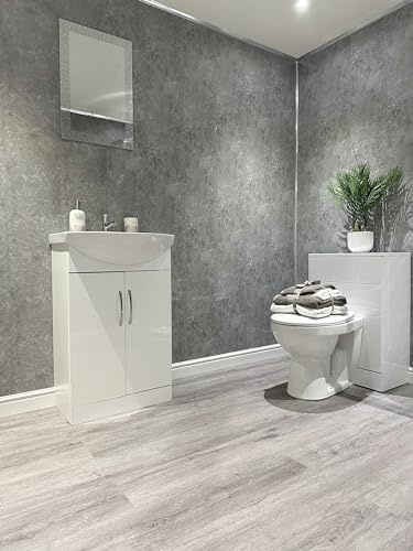 DBS Bathroom Grey Concrete Gloss PVC Bathroom Panels Shower Wet Wall Kitchen Cladding (6 Panels)