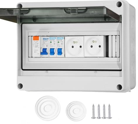 Boîte à fusibles en saillie IP65 01 Simmpatuu-Coffret électrique étanche IP65 équipé Livré,DZ 30mA AC Interrupteur de Fuite, 1 Disjoncteur 16A,2 prise modulaire 16A 2P+T