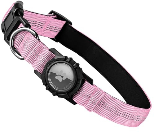 Ledeak Airtag hundhalsband, reflekterande taktiskt hundhalsband med transparent vattentätt skyddsfodral för AirTag, nylon hundhalsband för små, medelstora och stora hundar (rosa, L)