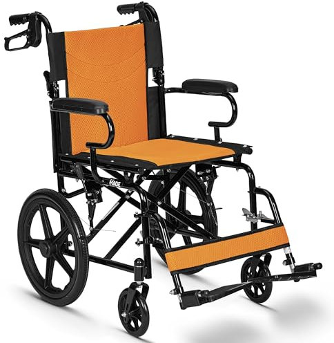 Lightweight Folding Wheelchair - Travel Friendly Foldable Transit Wheel Chair - Adjustable Footrests, Lock Lever Brakes, Dual Parking Brakes - Orange, Standard 18 Seat