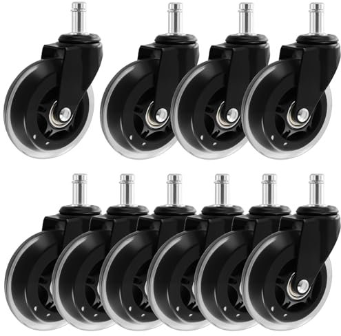 MUKSEUT 11x22mm Office Chair Wheels Replacement Set of 10, PU Office Chair Castors, Silent Smooth Wheels for Hardwood Floor, Tile, Carpet Protecting, Black