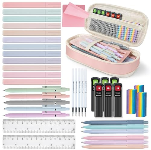 MOWETOO 41 Stück Schulsachen Aesthetic mit Mäppchen, 12 Pastell Textmarker, 5 Schwarze Gelstifte, 6 Druckbleistifte, Aesthetic School Stuff für Teenager Mädchen, Schreibwaren Set für Schüler, Büro