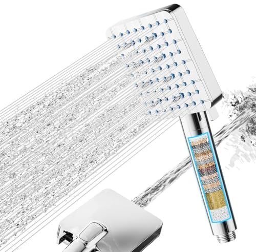 Cobbe Hard Water Filter Squre Shower Head with 6+1 Spray Modes, High Pressure Water Saving Shower Head with 20 Layers Filtration, Powerful Shower Heads for Residual Chlorine Remove, Chrome