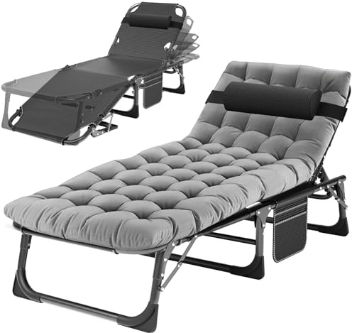 H&ZT Folding Patio Lounge Chair with Thick Padded Cushion, Adjustable Reclining Chaise Lounger with Headrest, Heavy Duty Outdoor Sunbathing Chair for Patio, Garden, Poolside, and Beach