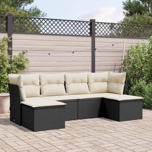 RMIHSJG Set di 6 divani da giardino con cuscino, nero, in polyrattan, design modulare per terrazza, gruppo di divano in rattan sintetico con rivestimenti rimovibili, mobili per esterni resistenti alle
