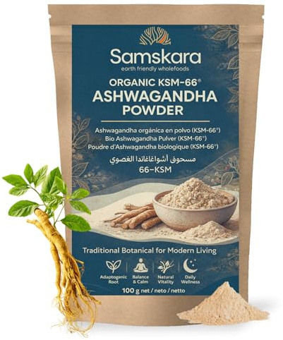 Samskara KSM-66 Raíz de Ashwagandha en Polvo BIO – 5 % de withanólidos | Proceso ecológico sin disolventes, ayuda contra el estrés y aporta energía | (100 g) Pack ahorro