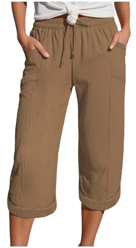 Pantalon Femme en Coton Lin 3/4 Pantalon Femme Taille Élastique avec et Respirant Poches pour Sorties Quotidiennes Vacances Plage (Brown, XXXXXL)