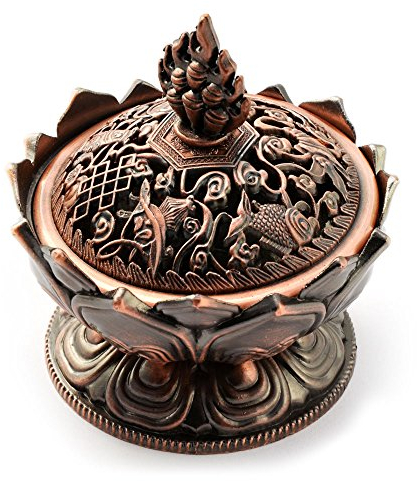 Ganzoo Räucher-Schale mit Deckel, Räucher-Gefäß für Kohle, auch für Räucher-Stäbchen oder Räucher-Kegel, aus Messing, Farbe: Kupfer