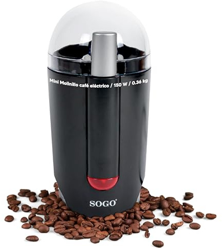 Sogo Molinillo Café Eléctrico 150W - Molinillo para Tritura Café y Especias con Hojas Afiladas de Acero Inoxidable con Seguridad con Tapa – Molinillo Café Motor Potente – Coffe Grinder Negro