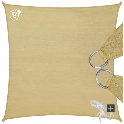 TecTake® Tenda a Vela Ombreggiante Quadrata in Polietilene, Protezione dai Raggi UV, Vela da Sole Ombreggiante con Set Funi di Tensione - Beige, Quadrato, 3 m