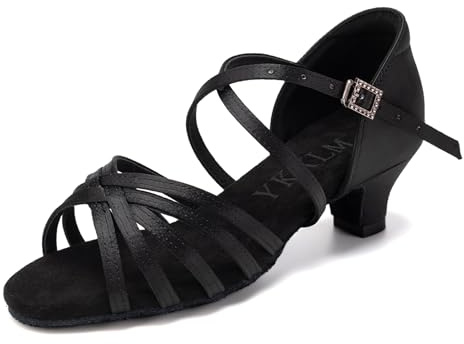 YKXLM Scarpe da Ballo Latino Americano Donna con Punta Aperta Scarpe Danza Latina Bambina con Tacco 4cm,Nero,28 EU