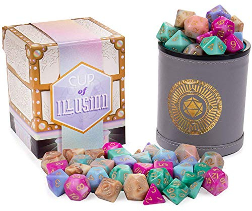 Wiz Dice Cup of Illusion - 35 Polyhedral DND Dice & Dice Shaker Cup & Box for Storage (5 Set of 7 Unique Colors) -Polyhedral Role Playing Dice in Unique Colors - DND Accessories for TTRPG Dice Games