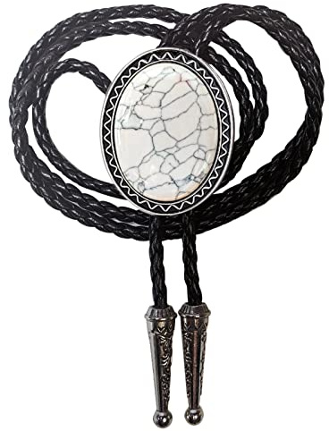 HIMONGOO Cravate BOLO en agate turquoise jade granite pour homme et femme - Collier de mariage en corde de cuir - Cravate de cowboy occidental, Granit blanc., L