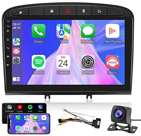 Podofo Carplay Autoradio Navi für Peugeot 308/408 2007-2015, Android 2G+64G HiFi, 9 Touchscreen Android Auto WiFi Bluetooth FM RDS Radio USB Auto GPS Player für Peugeot308 +AHD Rückfahrkamera