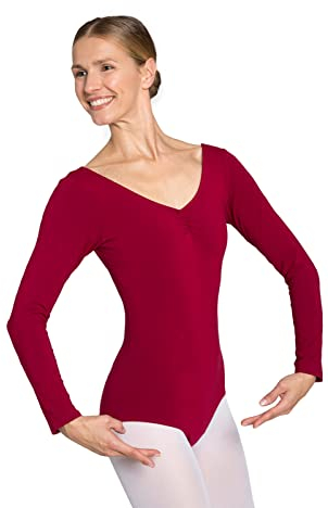 tanzmuster Ballett Trikot Damen Langarm - Isabelle - Baumwolle - Bustier - geraffter Ausschnitt - burgunder Größe 40 - roter Tanz Body - Ballettkleidung für Erwachsene