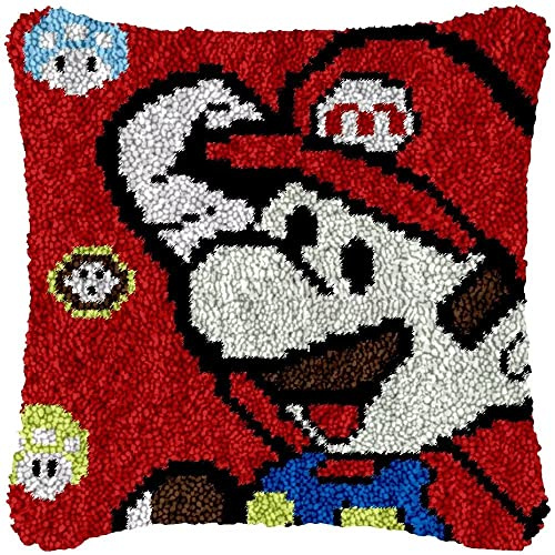 ROCKY&CHAO Latch Hook Cushion Kits Mario 43x43cm Latch Hook Pillow Case Kits Embroidery Kits Carpet Set DIY Needlework Pillow Cover Sofa Cushion Rug Making Kits, DIY Craft Kits for Home Decor