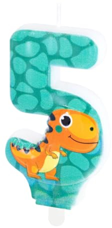 Zahlenkerzen * SÜSSER DINO * mit Steckfuß als Deko für Kindergeburtstag | ca. 11x5,5cm | T-Rex Dinos Dinosaurier Tortendeko Kinder Geburtstag Geburtstagskerze Zahlen Kerzen, Farbe: Dino, Größe: Zahl 5