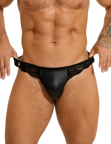 ohyeahlady Tanga Hombre Cuero Hilo Encaje String Underwear Calzoncillos Hip Briefs Bóxer Micro Thongs Ropa Interior Lencería Hombre Negro,M
