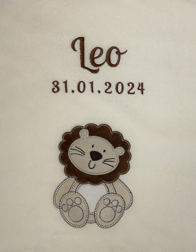 KIDDI-MEDIA Babydecke mit Name und Geburtsdatum Bestickt/kuschelig weich / 1A Qualität (Beige - Löwe)