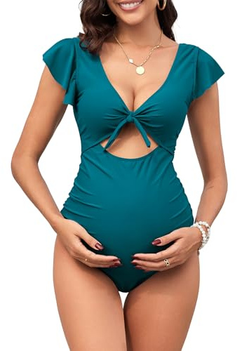 ZAFUL 2025 Maternity One Piece Swimsuit for Women Swim Suits Tie Front Tummy Control Bathing Suits Ruffle Swimsuits, Crystal Teal, Large