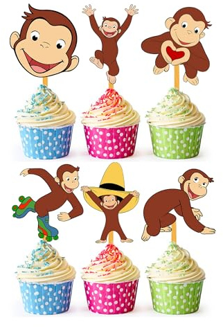 24x Curious Monkey Cupcake Toppers – Strong Picks Happy Birthday Décor, Cupcake Decorations for Kids Birthdays