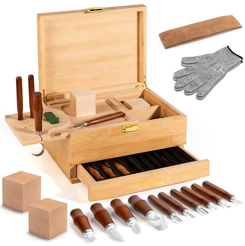 17-in-1 Kit per intaglio del legno, set di strumenti per intaglio del legno, set di coltelli da intaglio, kit per la lavorazione del legno, con grandi scatole di legno per artigianato (marrone)