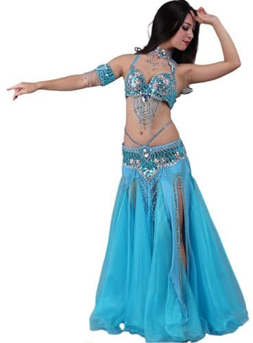 CRETUAO Robe Performance Danse du Ventre Indienne Sexy pour Femmes,Costume Danse du Ventre fête de Carnaval National d'halloween, Tenue de Danse de Perles de Paillettes 5 pièces,Bleu,S