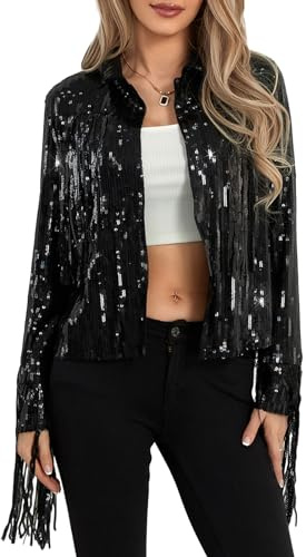 Himllauen Women Casual Sequin Long Sleeve Jackets Solid Colour Open Blazers with Tassels Sexy Clubwear for for Party Night Out Clubs for Summer Autumn (Black, M)
