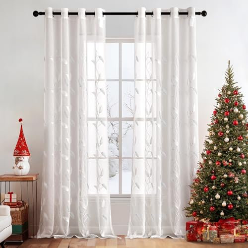 MIULEE Voile Vorhänge mit Ösen für das Wohnzimmer Elegante Transparente Gardinen mit Schönem Blättermuster und Stickerei 2er Set Perfekt für Moderne Schlafzimmer Größe H 245 x B 140 cm, Weiß
